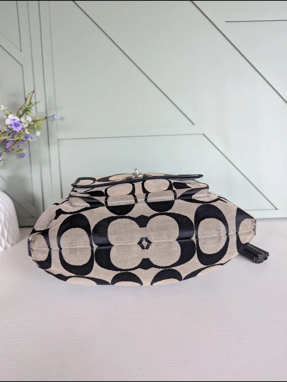 Coach Khaki and Black Signature Canvas Hobo with Tassel